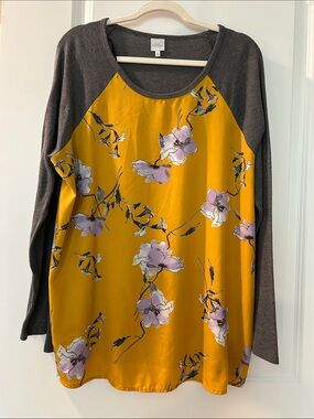Kaileigh Mustard Floral Raglan Long-Sleeve Top with Gray Sleeves